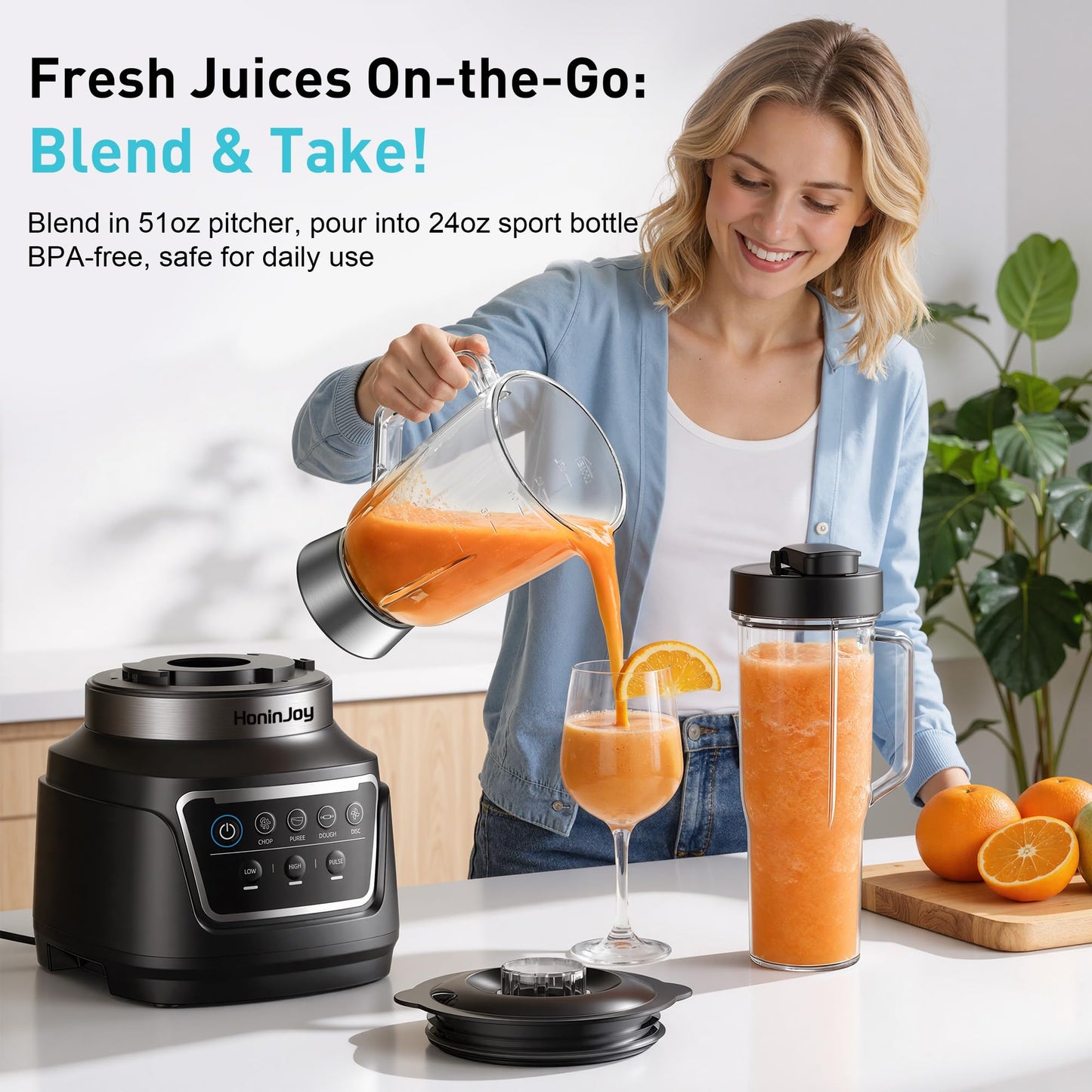 HoninJoy All-in-One Blender & Food Processor, 10-in-1 Professional Blender for Smoothies, Ice Crushing, Dough Making, Chopping, Grinding, Slicing & Shredding, Dishwasher Safe for Kitchen & Home Use