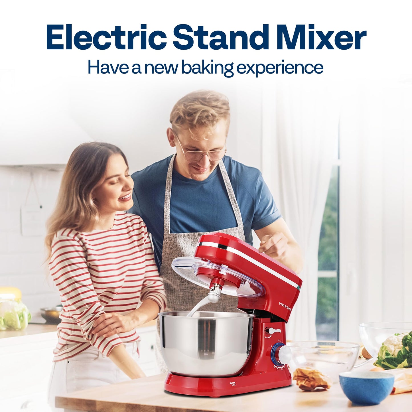 VIVOHOME 4.75 Quart Stand Mixer, 8 Speed Kitchen Electric Food Mixer, Household Stand Mixer for Baking, Cake, Bread with Beater, Dough Hook, Wire Whip and Egg Separator, Red