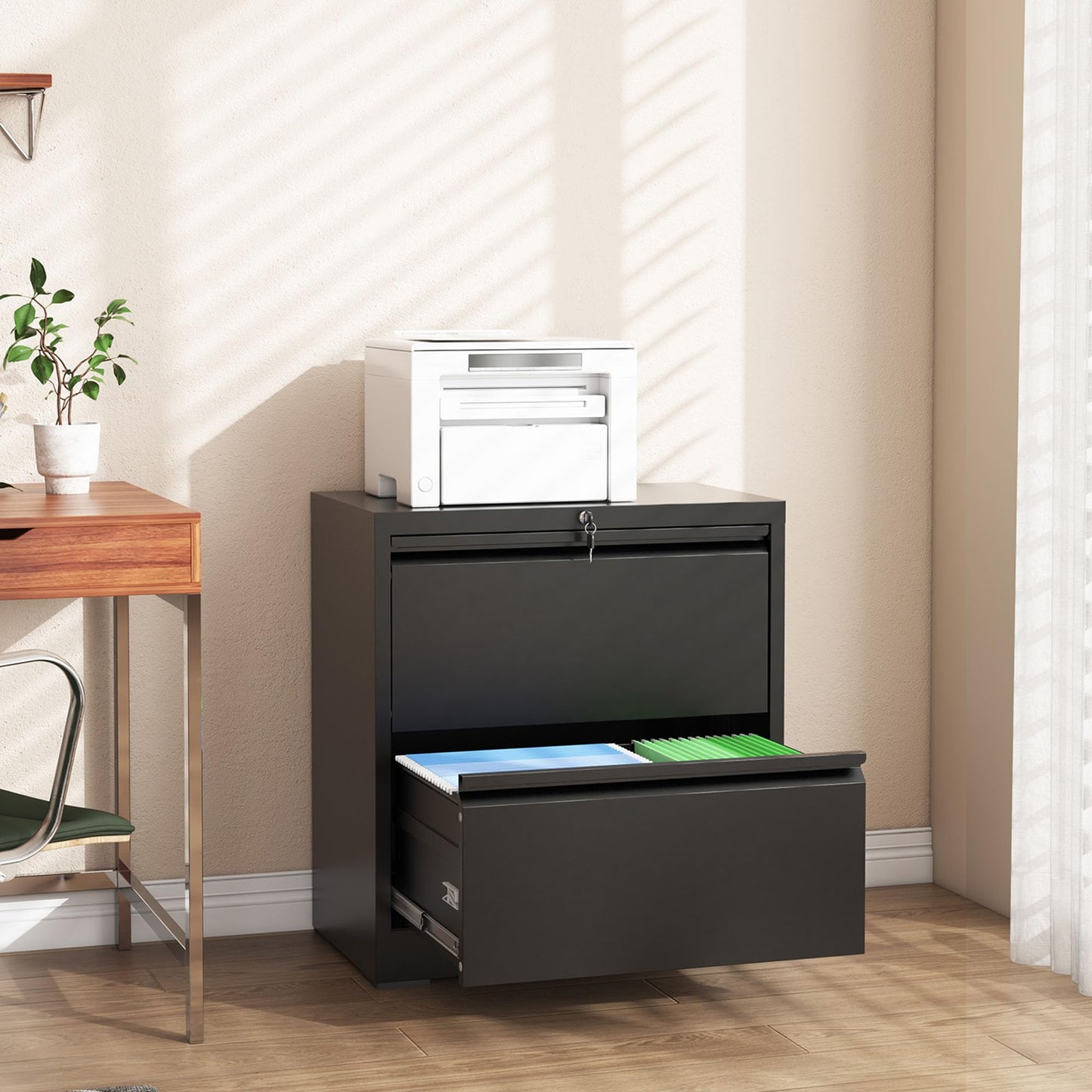 FOSTOKO Lateral File Cabinet with Lock, 2 Drawer Filing Cabinet, Metal File Cabinets for Home Office, Steel Heavy-Duty Filing Storage Cabinet for Letters/Legal/A4 (Require Assembly, Black)