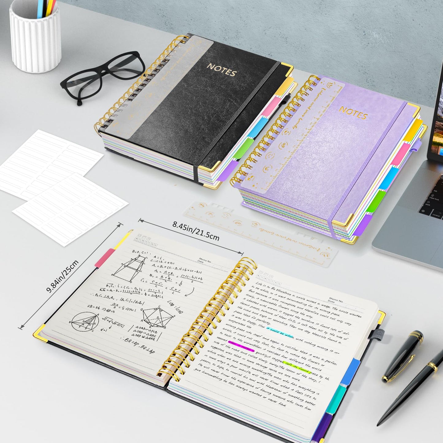 Hardcover Spiral Notebook Journal, 8"x10" Large B5 Notebooks with Removable Dividers Tabs, 300 Pages Leather 5 Subject Notebook College Ruled, Journal for Work School Note, 100 GSM Thick Paper,Black