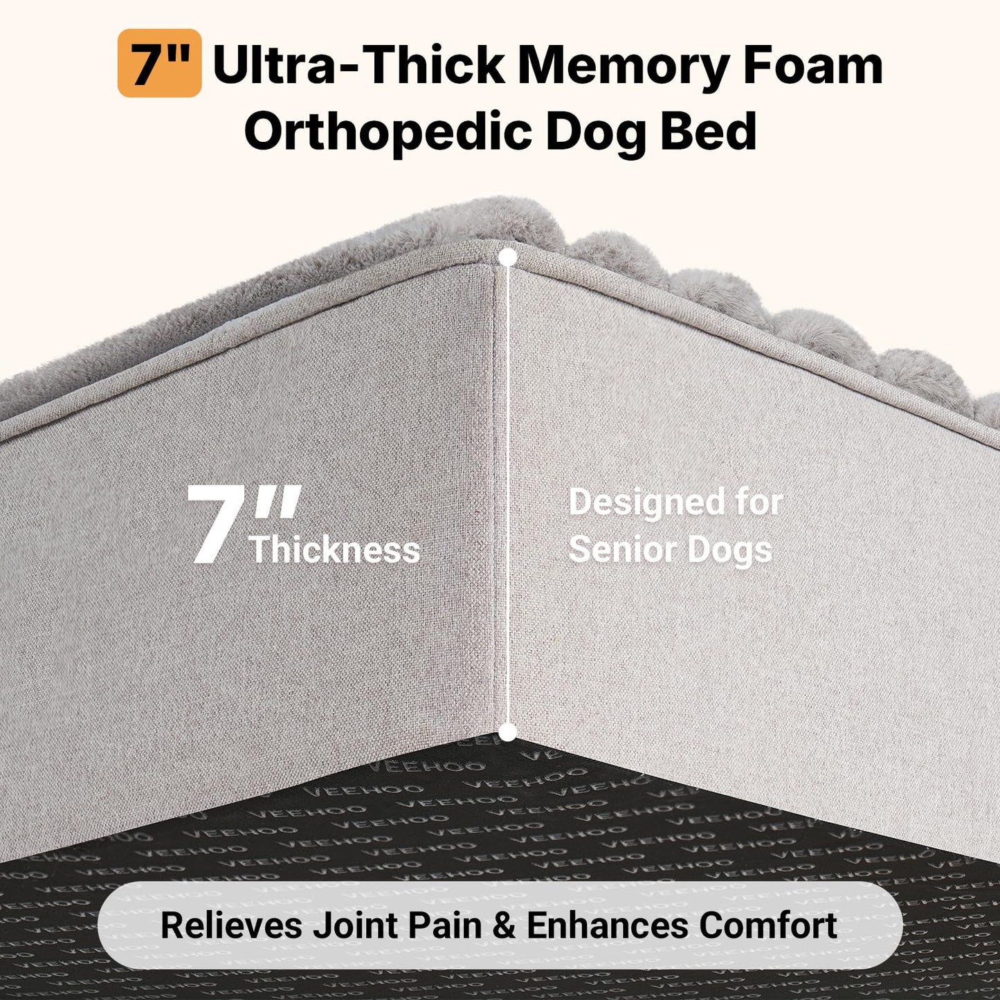 Veehoo Orthopedic Dog Bed for Large Senior Dogs, 7 Inch Thick XXL Memory Foam Dog Bed with L Shaped Bolsters, Orthopedic Pet Couch with Waterproof Liner & Removable Washable Cover, 52"x36"x7"