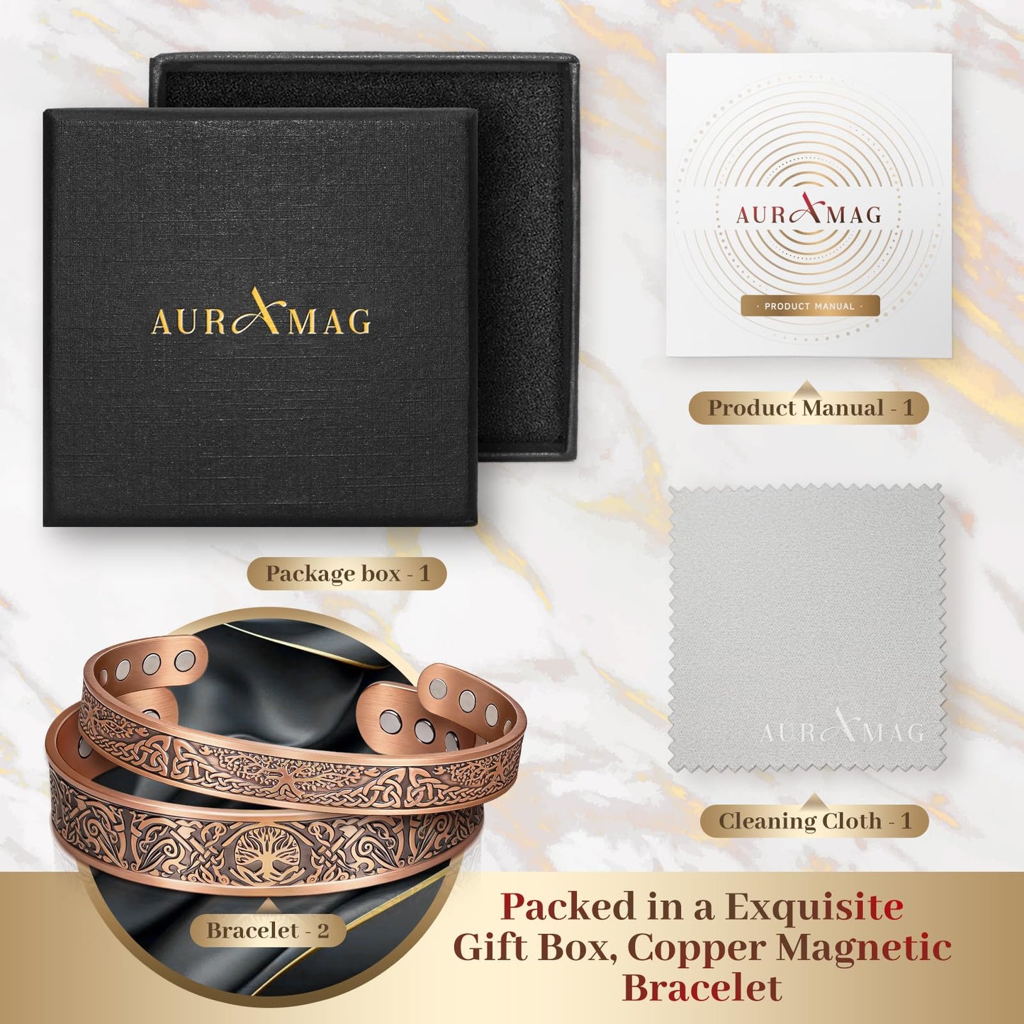 Auramag Bracelets for Men, 99.99% Pure Copper Magnetic Bracelets for Women, Adjustable Jewelry with Gift Box, Valentine's Day Jewelry Gift
