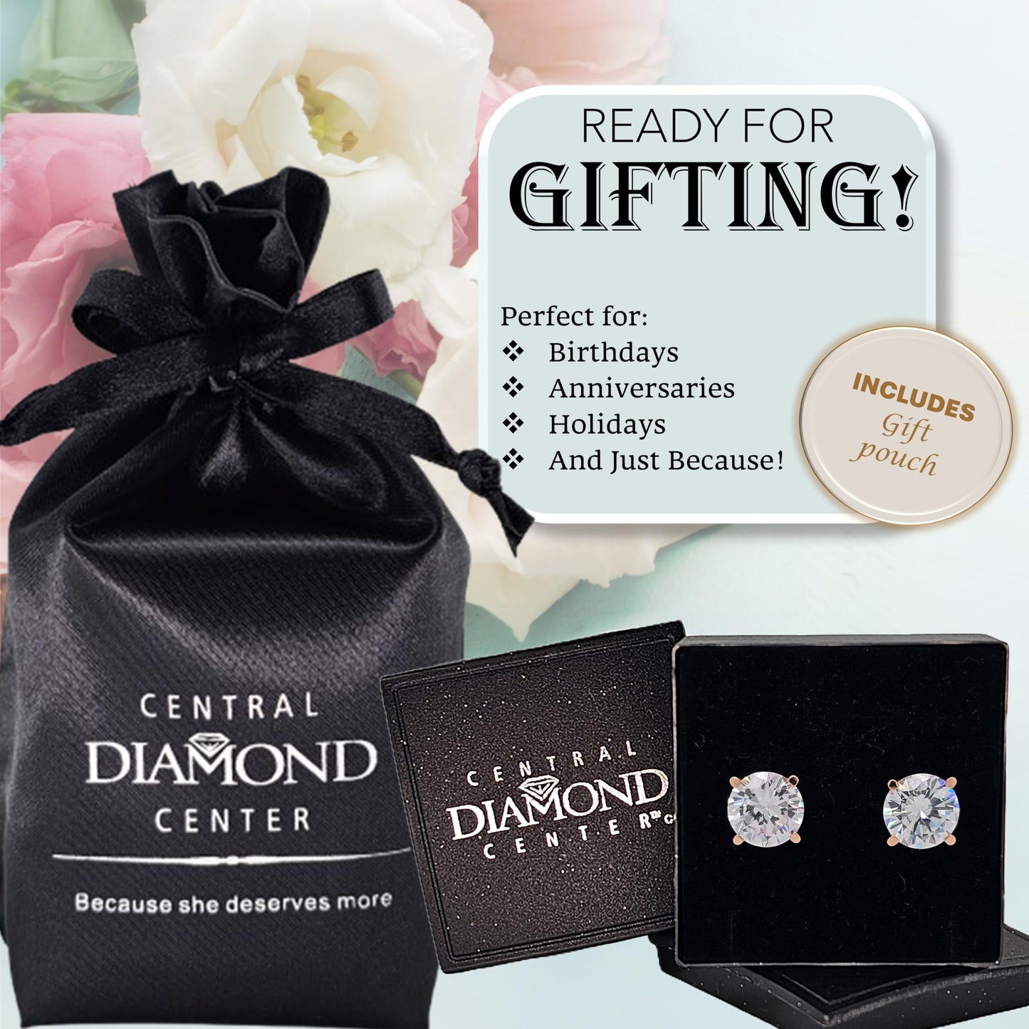 Central Diamond Center Round Simulated Diamond Stud Earrings Hypoallergenic Metal & Sterling Silver CZ - 9.00mm (6.00cttw) Rose