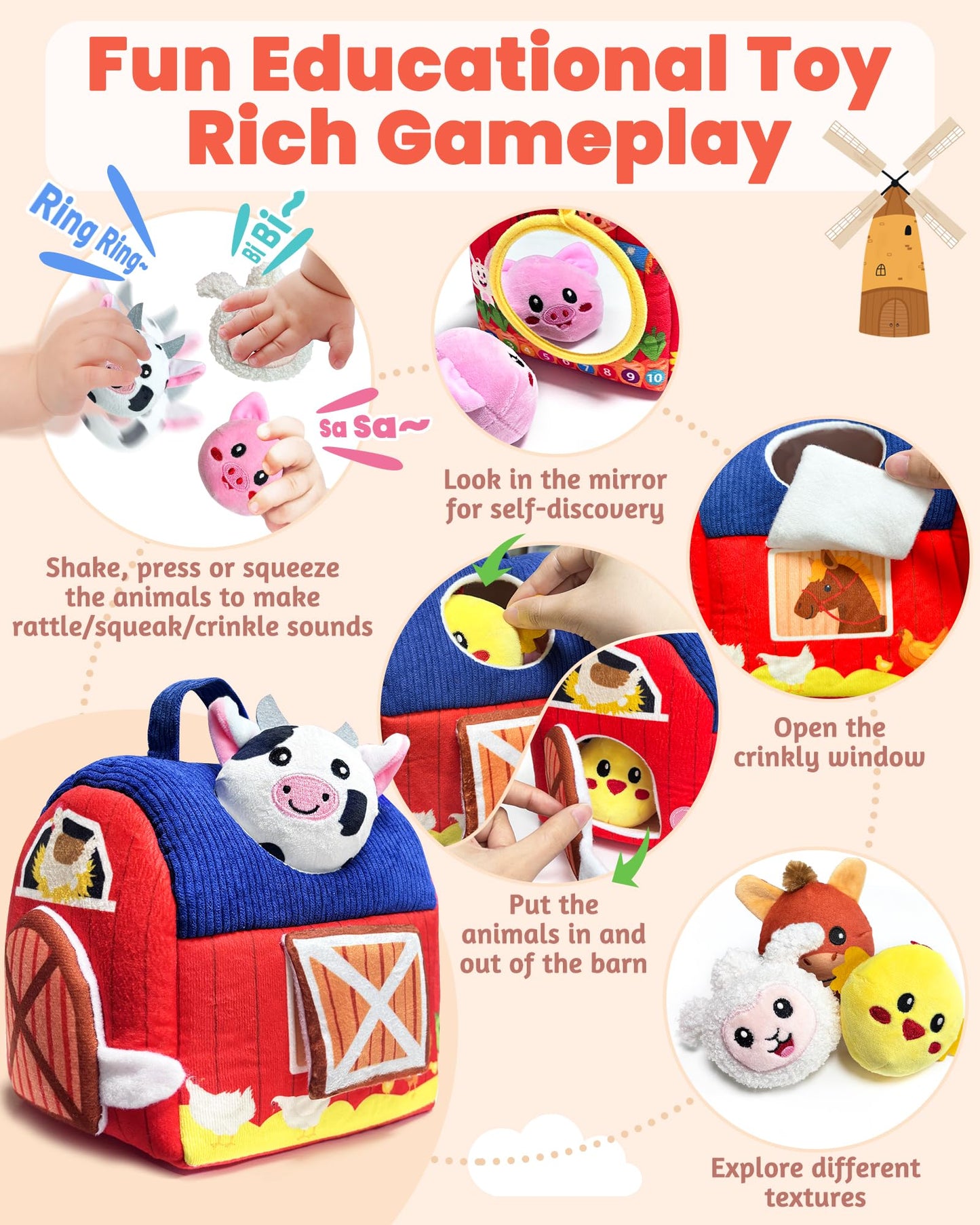 Baby Toys 6-12 Months - Infant Barn Toy with Stuffed Farm Animals, Rattle, Crinkle, Squeak, Mirror - Montessori Sensory Toys for 6 7 8 9 10 12 Month Old Babies, 1 Year Old Baby Boy Girl Gifts