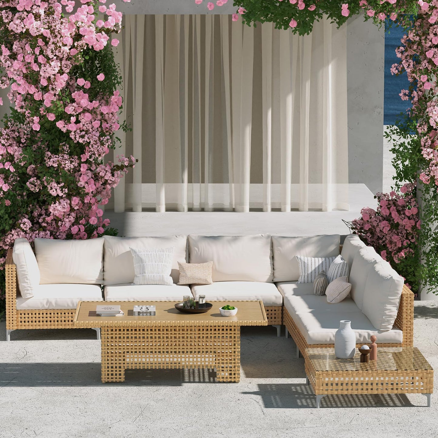 Grand patio 8-Piece Wicker Patio Furniture Set with Lift Top Coffee Storage Table, Outdoor Conversation Set Sectional Sofa with Water Resistant Thick Cushions, Cream