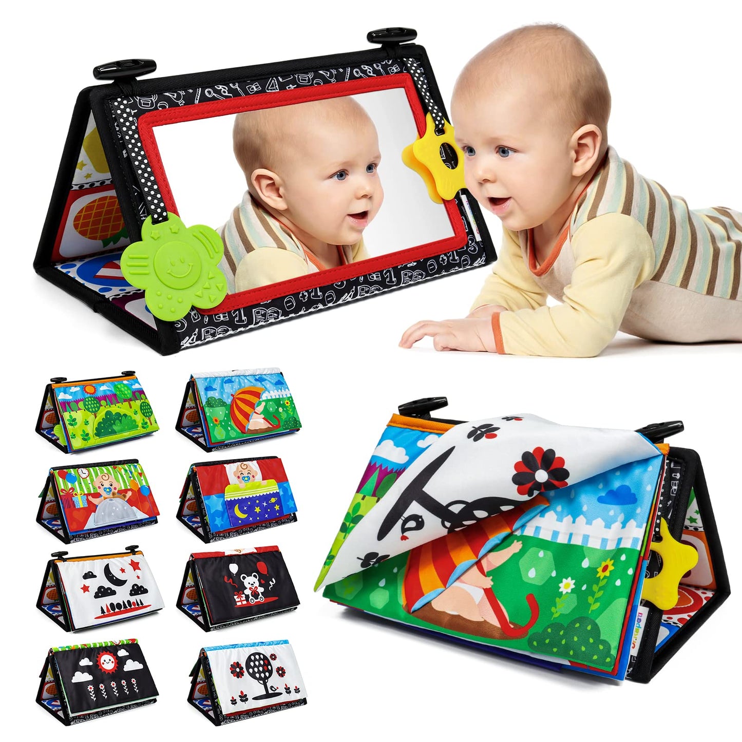 Dr.Rapeti Tummy Time Floor Mirror for Baby Infant Toddler Kids Black and White High Contrast Baby Toy with Teethers Floor Activity Toy Washable Non-Toxic
