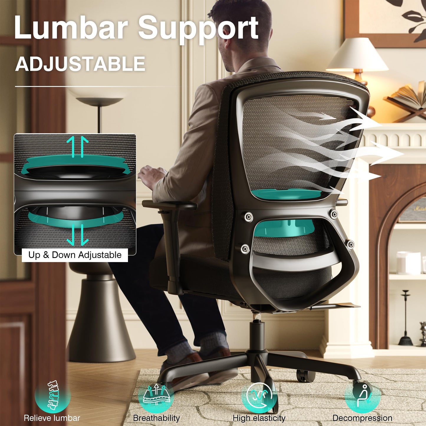 ELABEST T96C Ergonomic Home Office Chair, Mesh Computer Desk Chair with 4D Armrests, Adjustable Lumbar Support,Rolling Swivel Task Chair for Long Hours, Sponge Cushion