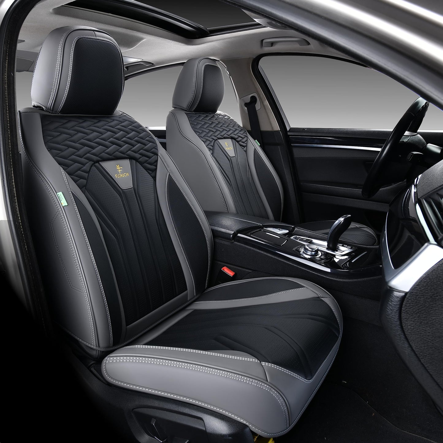 FLORICH Leather Seat Covers, Seat Covers Full Set, Car Seat Protectors 5 Seats, Automotive Seat Covers Fit for Most Cars Trucks SUV- Gray&Black