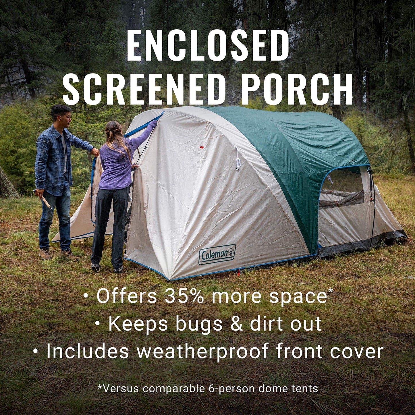 Coleman Cabin Camping Tent with Screened Porch 4/6 Person Weatherproof Tent with Enclosed Screened Porch Option Includes Rainfly Carry Bag Extra Storage and 10 Minute Setup