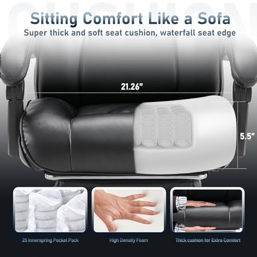 COLAMY Office Chair with Retractable Footrest, Ergonomic High Back Design Executive Computer Desk Chair with Removable Lumbar Pillow, 90-135°Reclining, Thick Bonded Leather for Home Office Work, Black