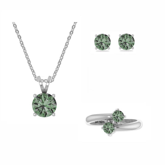 LUSTRE AND LIGHT Natural Green Tourmaline Jewelry Set for Women in Sterling Silver, October Birthstone Gifts for Her Birthday, Anniversary, Christmas (Necklace, Ring, Earrings)(Round, US-7)