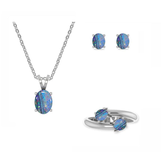 LUSTRE AND LIGHT Cabochon Oval Natural Australian Opal Jewelry Set for Women in Sterling Silver, October Birthstone Gifts for Her Birthday, Anniversary, Christmas (US-7, Prong-Set)