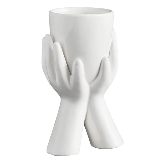 47th & Main Sleek & Contemporary Shaped White Ceramic Planter Flower Pot for Succulents Small Plants and More, Large, Hands