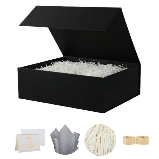 UoeRing 1 Pcs Black Gift Box 11.5x8x4 inch Luxury Gift Box for Presents with Magnetic Lid Collapsible,Birthday,Christmas,Contains Card, Ribbon, Tissue Paper,Shredded Paper Fille