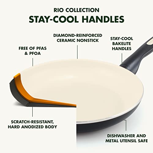 GreenPan Rio 16 Piece Cookware Pots and Pans Set, Hard Anodized Healthy Ceramic Nonstick PFAS-Free, Bakelite Handles, Frypans, Saucepan, Saute Pan, Stock Pot, Kitchen Tools, Dishwasher Safe, Black