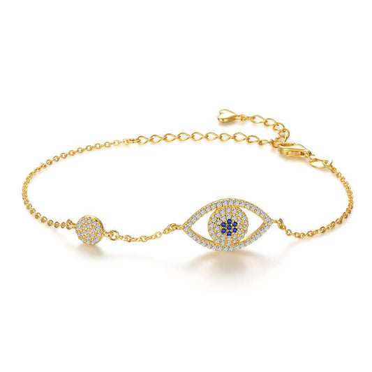 Solid 14K Gold Over 925 Silver Moissanite Evil Eye Bracelet for Women,Dainty Adjustable Evil Eye Charm Chain Bracelet,Fashion Christmas Jewelry Gift for Her (Yellow Gold, 14K Gold)
