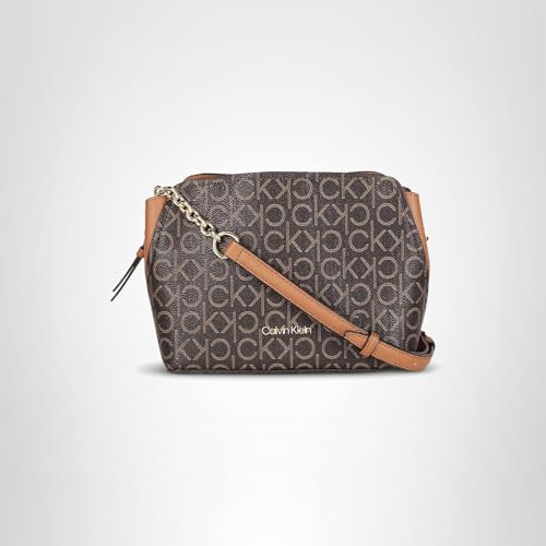 Calvin Klein Women's Hailey Signature Triple Compartment Chain Crossbody, Brown/Khaki/Caramel Linear, One Size