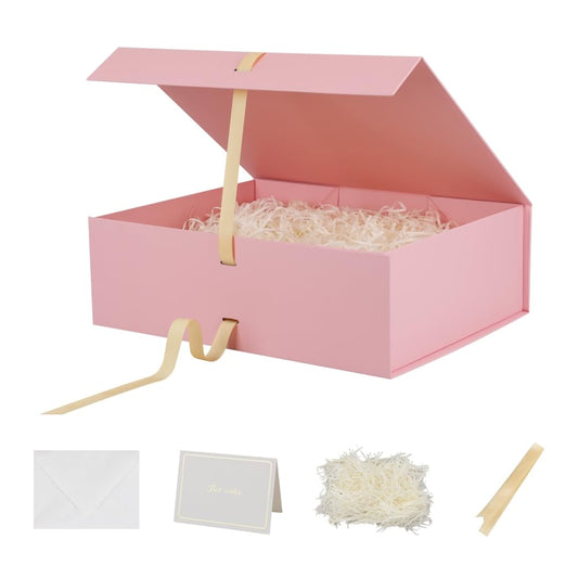 BoxSkivra Large Pink Gift Box with Ribbon 1 Pack 16.5X13X5.3 Inch Extra Large Gift Box with Lid Magnetic Closure Rectangle Collapsible Luxury Boxes for Mother's Day、Shredded Paper Filler & Card