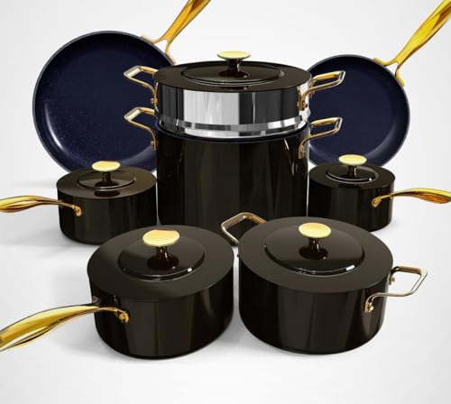 Nuwave Lux LE 13-Pc Cookware Set with Elegant Gold Handle, Diamond Infused Ceramic Non-Stick, PFAS Free, Premium Metal Lids, Ergonomic Stay-Cool Handles, Induction Ready & Compatible w/All Cooktops
