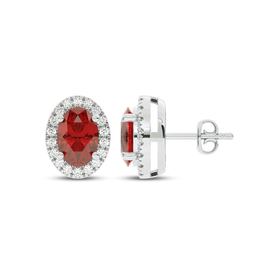 Ruby Stud Earrings for Women | 10KT Genuine White Gold Halo Earrings | 1/4 CT. TW Lab Grown Diamond and 2 CTTW Oval Lab Created Ruby Earrings | Ideal July Birthday Gifts