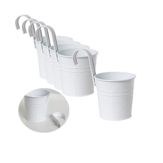 Leoyoubei 4inch Hanging Flower Pots for Outdoor Indoor Plants with Removable Hooks -5 Pack White Metal Buckets Hanging Plant Pots Wall Fence Home Decor-Small Storage Box,Drainage Holes