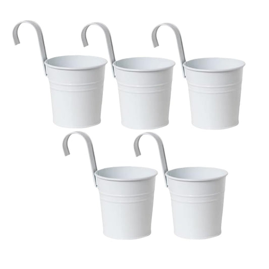XZJMY 5 Pcs Hanging Flower Pots Metal Iron Bucket Planter Pot Metal Bucket Flower Holder with Hook Indoor Outdoor Decor for Railing Fence Balcony Garden (White)