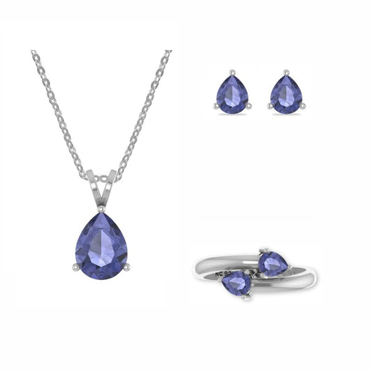 LUSTRE AND LIGHT Natural Tanzanite Jewelry Set for Women in Sterling Silver, December Birthstone Gifts for Her Birthday, Anniversary, Christmas (Necklace, Ring, Earrings)(Pear, US-7)