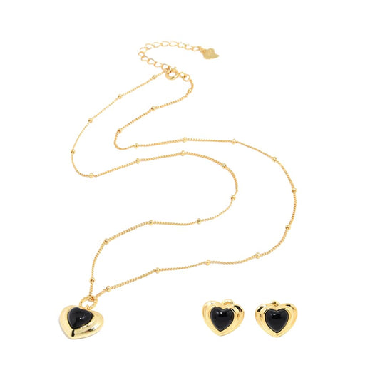 Exquisite Agate Gemstone & Gold-Plated 925 Sterling Silver Vintage Love Heart Jewelry Set Trendy Classic European Design with Pendant and Earrings – Elegant Gift Box Included