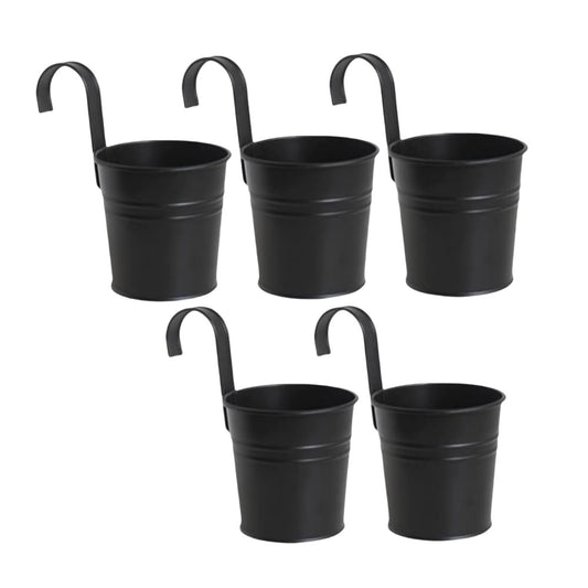 XZJMY 5 Pcs Hanging Flower Pots Metal Iron Bucket Planter Pot Metal Bucket Flower Holder with Hook Indoor Outdoor Decor for Railing Fence Balcony Garden (Black)