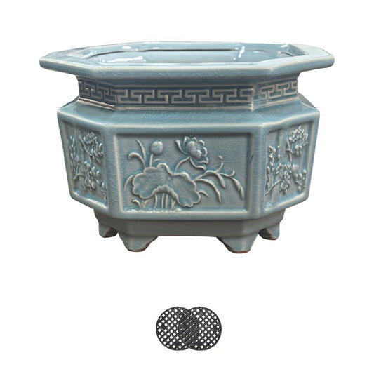 HUOMUSIR 8-Inch Large Octagon Bonsai Pot Light Blue Water Glaze Bonsai Tree Ceramic Flower Pot Handmade