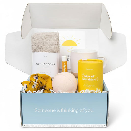 Unboxme Sunshine Spa Gift Basket for Women — Mother’s Day Gift Set with Tea, Mug, Bath Bomb & Socks | Self Care Package for Mom, Birthday, Get Well