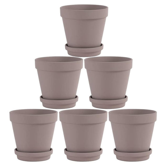 Fcacti 6 Inch Grey Clay Pot for Plant with Saucer - 6 Pack Large Terra Cotta Plant Pot with Drainage Hole, Flower Pot with Tray, Terracotta Pot for Indoor Outdoor Plant