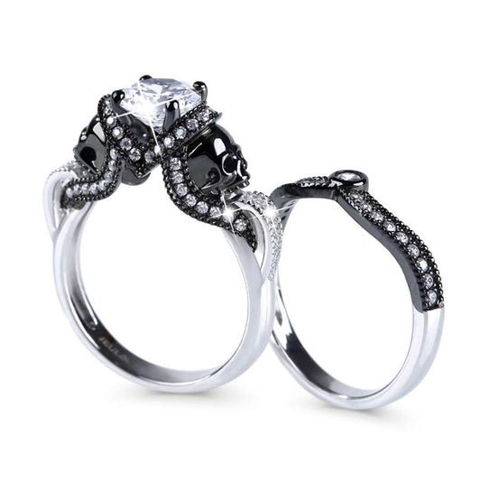 Jeulia 3.68 Carat Twist Skull Rings for Women Sterling Silver Two Tone Twist Band Rings White Diamond Bridal Ring Set Black Plated Engagement Promise Rings with Jewelry Gift Box (8)