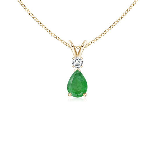 Angara 0.38 ct Emerald Teardrop V-Bale Necklace with Diamond in 14K Yellow Gold | Natural Prong-Set Emerald Pendant for Women | July Birthday Gemstone Jewelry Gift | 6x4mm