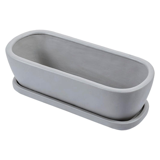 MyGift 14 Inch Oval Modern Gray Concrete Succulent Planter Pot with Drainage Hole and Removable Saucer, Decorative Cement Indoor House Plant Container for Flowers, Cactus, Herbs