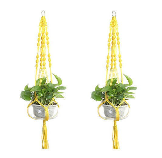 LANGUGU Set of 2 Macrame Plant Hanger Nylon Rope Wall Hanging Planter Basket for Indoor Outdoor Flower Pot Plant Holder Wall Art Vintage-Inspired Home Decor, with Metal Ring 4 Legs 39 inch (Yellow)
