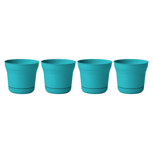 Bloem Saturn 5" Round Plastic Planter - Indoor/Outdoor, Snap-in Saucer & Drainage Holes, Bermuda Teal, 4-Pack