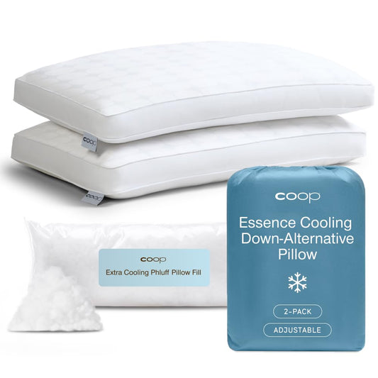 Coop Home Goods Essence Cooling Down Alternative Pillows Set of 2, Queen Size Adjustable Cooling Pillow for Hot Sleepers, Cool-Touch Luxury Hotel Pillows for Stomach, Back, or Side Sleepers 27x17