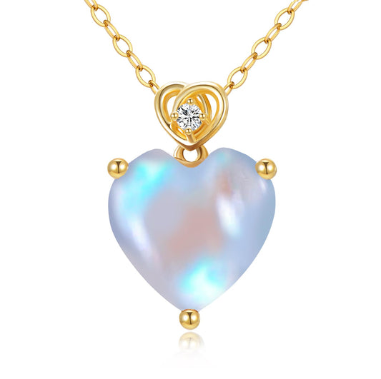 NFYBD 14k Gold Love Heart Moonstone Birthstone Pendant Necklace for Women 3 Carat Heart-cut Created Gemstone Anniversary Birthday Mother's Day Necklaces for Her 16+1+1 inch
