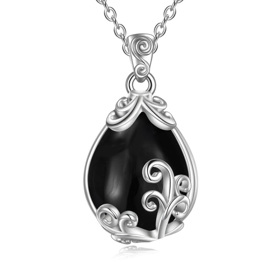 POPLYKE Sterling Silver Black Tourmaline Filigree Teardrop Pendant Necklace Gemstone Crystal Jewelry for Women