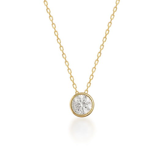 Golden Planet 10K Solid Gold Bezel Set Circle Cubic Zirconia CZ Solitaire Necklace | Elegant Dainty Halo Choker Necklace for Women - 18" Chain 45 cm