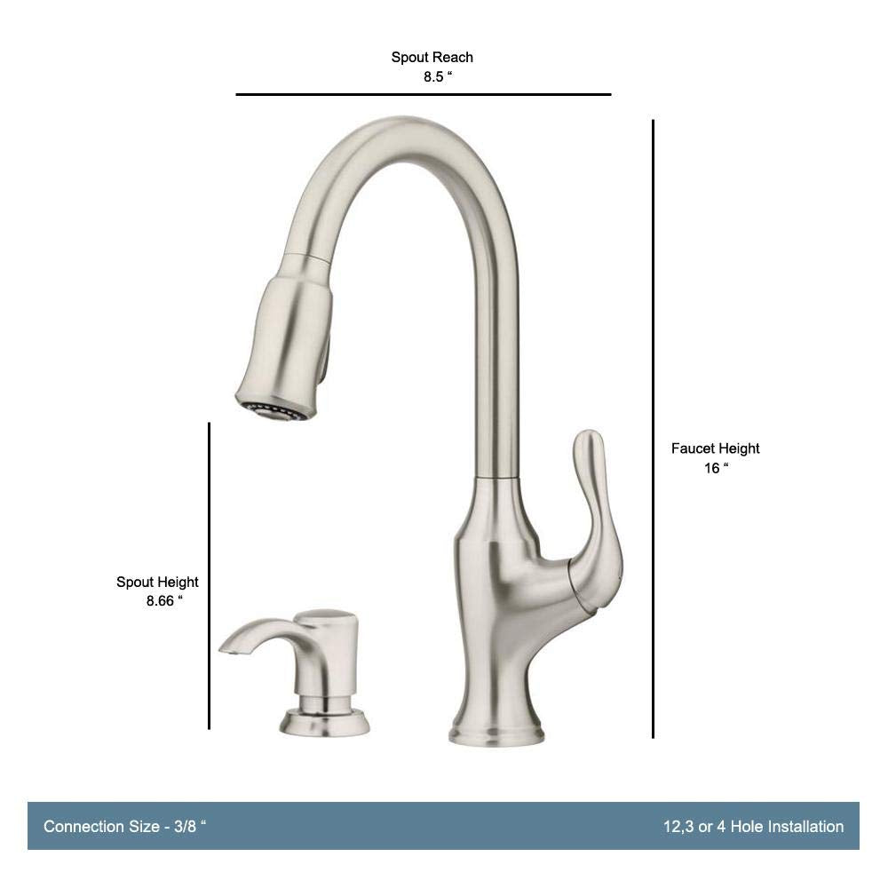 Pfister Deming Kitchen Faucet with Pull Down Sprayer and Soap Dispenser, Single Handle, High Arc, Spot Defense Stainless Steel Finish, F5297DMGS