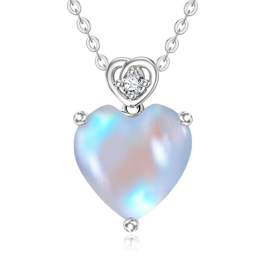 NFYBD 14k White Gold Love Heart Moonstone Birthstone Pendant Necklace for Women 3 Carat Heart-cut Created Gemstone Anniversary Birthday Mother's Day Necklaces for Her-June