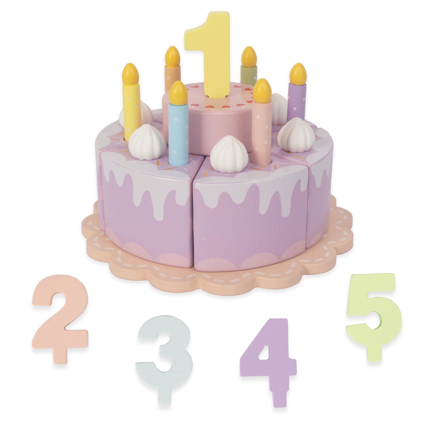WoodenEdu Pretend Play Food for Toddlers 2-5,Wooden Birthday Fake Cake with Candles and Numbers,Tea Party Learning Kitchen Gift Toys for Boys Girls (Cream Cake)