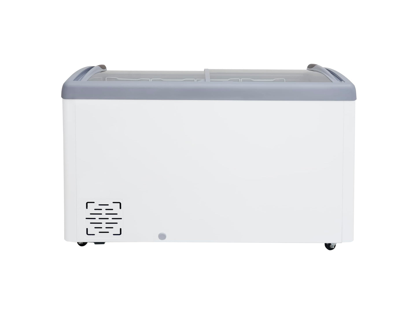 Frigidaire Commercial Chest Freezer for Ice Cream and Frozen Foods, Store Displayer, Glass Top Storage Case, 9 Cu. Ft. Bin, Rolling Caster Wheels, Adjustable Temperature, Energy Efficient Cooling