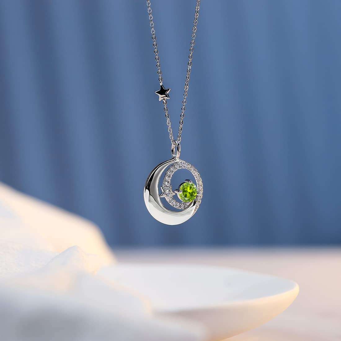 FANCIME August Birthstone Necklaces for Women Moon Star Pendant Peridot Necklace Sterling Silver Green Jewelry Birthday Anniversary Mothers Day Gifts for Mom Women Daughter, 16"+2"