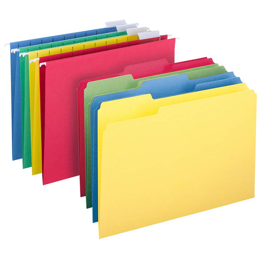 Smead Hanging File Folder Kit, Letter Size, Set of 24 Hanging File Folders and 24 Top Tab File Folders, Assorted Colors (Red, Yellow, Blue, Green)