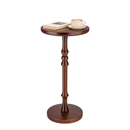 Lampaggio Round Side Table for Small Spaces, Drink Table with Oak Wood Pedestal Base, Modern Accent End Table or Nightstand for Living Room, Bedroom, Office, and Corners, Tool-Free Assembly, Brown