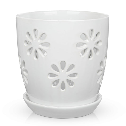 Oairse 6 inch Orchid Pots with Holes, White Ceramic Orchid Pot for Repotting Small Indoor Plant Pots with Drainage Holes and Saucers Decorative Flower Planter for Orchids, Indoor Plant