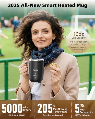 Nuwave Smart Heated Coffee Mug Rechargeable, 16oz Self Heating Temperature Control Mug with LED Display, Custom Brew Modes, Double-Wall Vacuum Insulation, 5-Hour Battery Life, Auto Shut-Off